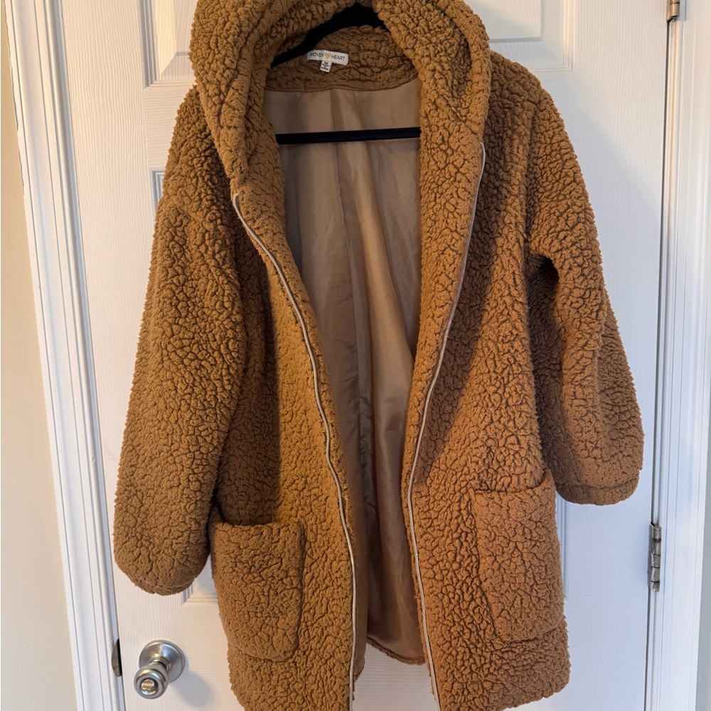 Cozy Teddy Sherpa Hooded Coat in Camel Brown